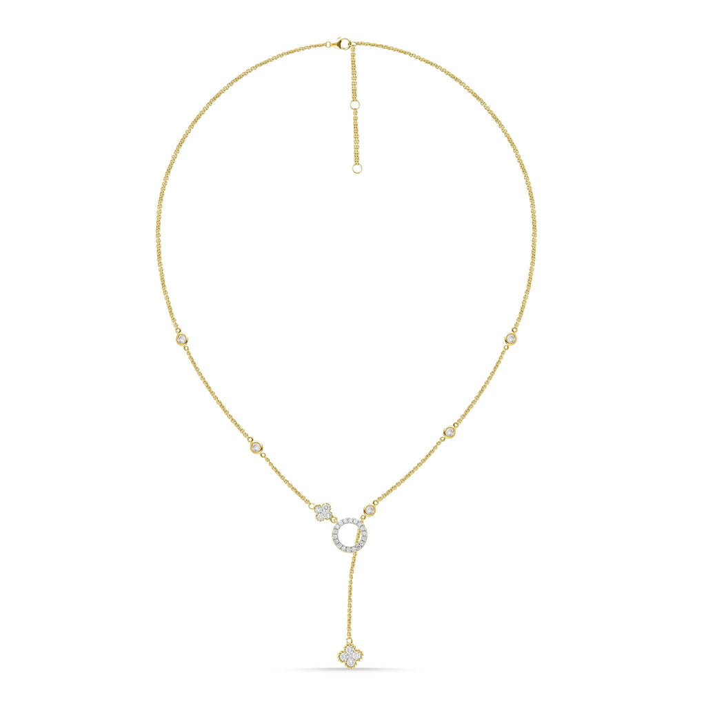 18ct gold diamond necklace with round diamonds. Available in white and yellow gold. Chain adjustable